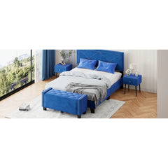 4-Pieces Bedroom Sets Queen Size Upholstered Bed Frame with Rivet Design,Nightstands and Tufted Storage Ottoman,Blue