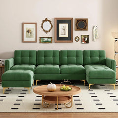 Modern Velvet Large Sectional Sofa with Chaise Ottoman Storage U Shape Couch Living Room Relaxing Comfort with Tufted Cushions