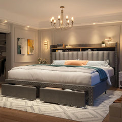 EH queen bed frame with headboard and storage space cushion, queen size bed frame with 2 drawers, noiseless box springs