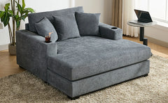 Indoor Oversized Chaise Lounger, Chenille Fabric Sleeper Sofa Couch with Pillows, Charge Station & Cup Holders