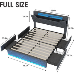 Full Size Bed Frame w Storage Headboard and 4 Drawer,Upholstered Platform w Charging Station and Led Lights,Adjustable Headboard