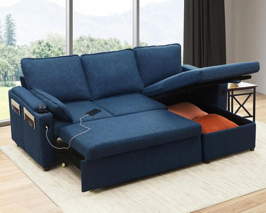 Pull Out 2 in 1 Sectional Sleeper Sofa Bed with Storage,USB, Cup Holder,Pullout Sectional Couches for Apartment Living Room