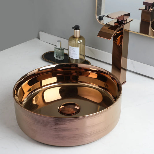 ZAPPO Luxury Rose Gold Vessel Sink Round Ceramic Bathroom Sinks Above Counter Washing Sink Faucet Combo Deck Basin Sinks Mixer