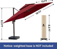 10x13FT Cantilever Outdoor Patio Umbrellas, Double Top Large Rectangle Umbrella, Rotation Offset Outdoor Sun Shade Umbrella