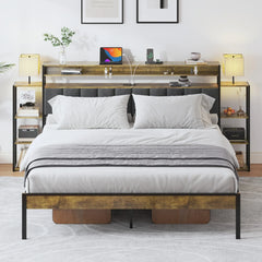 Queen Size Bed Frame with Bookcase Upholstered Headboard, Metal Platform Bedframe with Storage Nightstand and Table Lamp, Bed