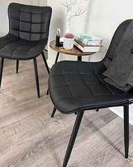 Black Dining Chairs Set of 2 Mid Century Modern PU Leather Diamond Upholstered Accent Guest Dinner Chair with Back Metal Legs fo