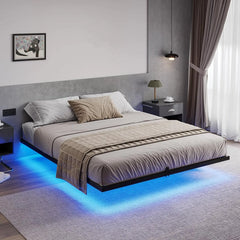 Floating Bed Frame Queen Size with LED Lights Metal Platform Queen Bed No Box Spring Needed Easy To Assemble Sturdy Durable