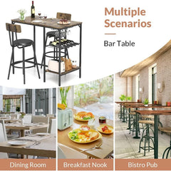 3 Pieces Pub Dining Table Set, Bar Counter Table, Height Modern Versatile Set with Storage Shelf, Wine Rack & Glasses Holder