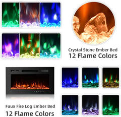 70'' Fireplace TV Stand with 36'' Electric Fireplace with 12 Flame Fireplace Insert Heater and 16 Color Led Lights,White