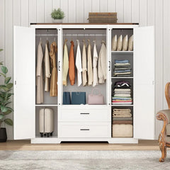 4 Doors Wardrobe Armoire Closet with Doors and Drawers, Farmhouse Wooden Armoire Storage Cabinet with Shelves & Hanging Rod