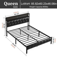 Bed Frame with Charging Station And RGB LED Lights, Platform Bed with Upholstered Headboard And Storage Shelf, Full Queen King S