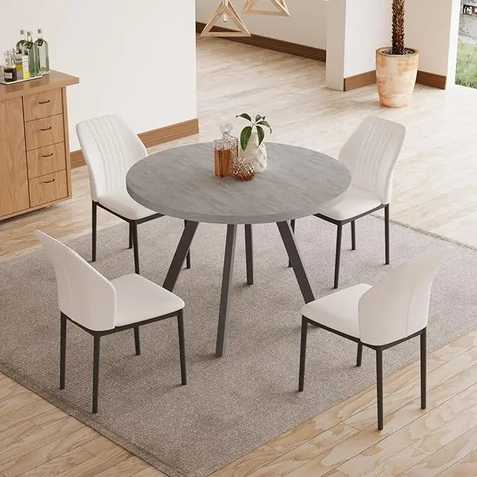 Round Dining Table Set for 4 Modern Casual Coffee Table Set for Kitchen, Living Room Space Saving Dining Table + 4 Black Chairs