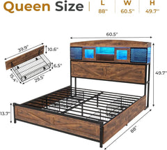 Farmhouse LED Queen Size Bed Frame with Tall Storage Headboard & 4 Drawers