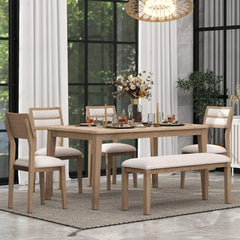 6 Piece Kitchen Dining Table Set, 60 inch Wooden Rectangular Table with 4 Upholstered Chairs and a Bench, Dining Room Table Set