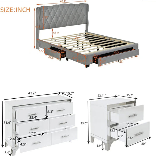 4-Pieces Bedroom Sets Queen Size Upholstered Bed with 3 Drawers,Mirrored Nightstands and Dresser with Metal handles and Legs.