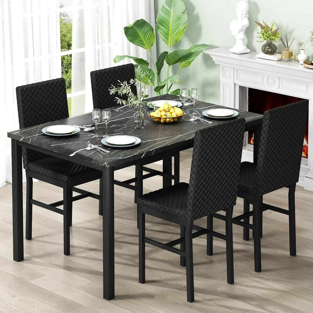 4-person Dining Table Set, 4-piece Kitchen Table and Chairs Set, Artificial Marble Dining Table Set with 4 Soft Velvet Chairs