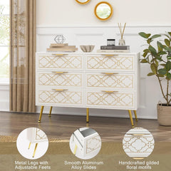 48" Sideboard Buffet Cabinet with Storage, White & Gold Floral Accent Storage Cabinet with 4 Doors, Credenza for Living Room