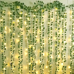 Artificial Plants Rattan Green Ivy Leaf with String Lights DIY Garland Wedding Party Decoration Home Room Wall Hanging Plants