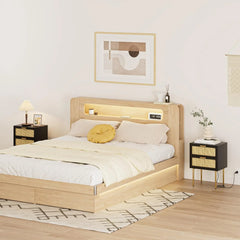 Rattan Nightstand with Charging Station, 2 Drawer Dresser for Bedroom, Small Bedside Table with 2 Drawers, Night Stand,