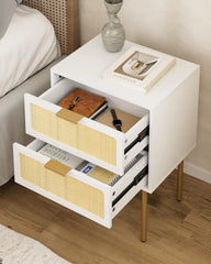 Rattan Nightstand with Charging Station, 2 Drawer Dresser for Bedroom, Small Bedside Table with 2 Drawers, Night Stand,