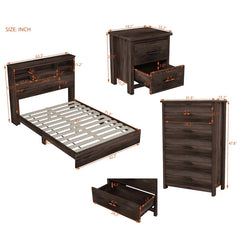 4-Pieces Bedroom Sets Queen Size Vintage Wooden Bed Frame with 2 Nightstands and 1 Dresser,Dark Walnut.