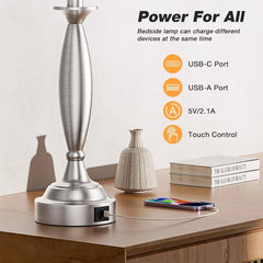 Bedrooms Touch Control Bedside Lamp with USB C+A, 3 Way Dimmable Nightstand Lamps with USB Port, Brushed Nickel Table Lamp for