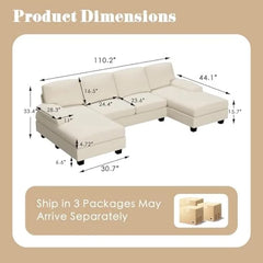 Convertible Sectional Sofa Couch, 4 Seat Sofa Set U-Shaped Modern Fabric Modular Sofa Sleeper with Double Chaise & Memory Foam