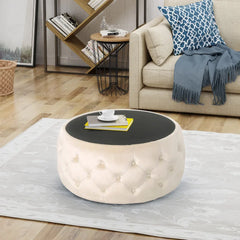 Velvet Ottoman Coffee Table, Upholstered Tufted Center Tables for Living Room, Button Tufted Coffee TableS with Tempered Glass