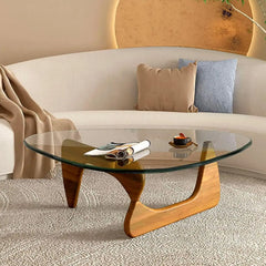 Coffee Tables for Living Room - Triangle Glass Coffee Table with Wooden Base Mid-Century Modern Abstract End Table