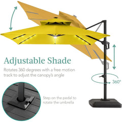 10x10ft 2-Tier Square Cantilever Patio Umbrella with Solar LED Lights, Offset Hanging Outdoor Sun Shade