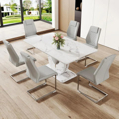 Dining Table Set for 6, Kitchen Table Chairs Set of 6, Modern Dining Room Set with 63'' Marble Dinner Table PU Leather Chairs