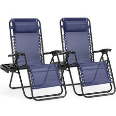 JHK Zero Gravity Set of 2 Portable Recliner Camping Patio Outdoor Folding Lounge Chair with Cup Holder Trays Adjustable Pillow