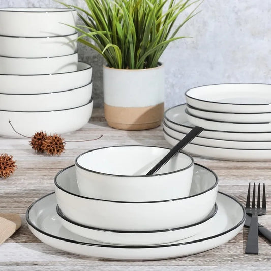 16 Piece Porcelain Dinnerware Set, White w/Black Rim, Service for 4, Dishwasher and Microwave Safe