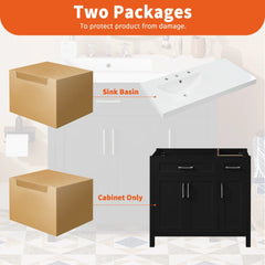 36" Black Bathroom Vanity Cabinet with Resin Integrated Sink - 2 Drawers, 3 Doors