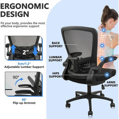 Desk Chairs with Wheels, Ergonomic Mesh Office Chair Adjustable Height and Swivel Lumbar Support  Chair with Flip Up Armrests