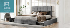 HOOMIC Platform Storage Bed Frame with 4 Drawers, Adjustable Headboard with Square Stitched Button Tufted Design Allewie