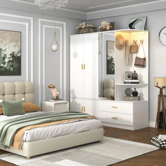 5 Doors Armoire Wardrobe Closet with Sensor Lamp and Mirror,Wooden Armoire Closet with 2 Drawers,4Hooks,2Hanging Rods,Open Space