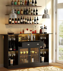 Bar Table Cabinet with LED & Drawer, Mini Liquor Bar with 8-Tier Storage & Stemware Holder, Crescent Shaped Counter for Home Pub