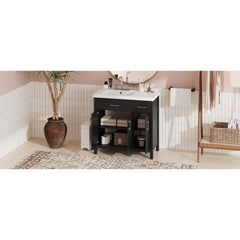 36" Black Bathroom Vanity Cabinet with Resin Integrated Sink - 2 Drawers, 3 Doors