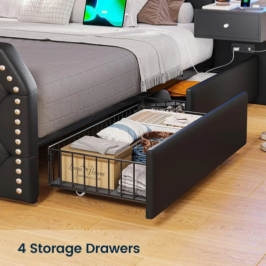 Queen Size 53” Tall Platform Bed Frame with 4 Storage Drawers, PU Leather Upholstered with Deep Black