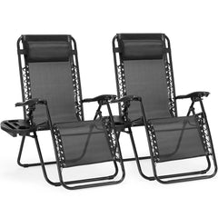 JHK Zero Gravity Set of 2 Portable Recliner Camping Patio Outdoor Folding Lounge Chair with Cup Holder Trays Adjustable Pillow