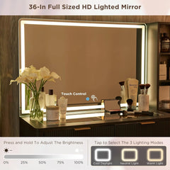 Fluted Makeup Vanity Desk with 36" HD Lighted Mirror, 48" Big Modern Vanity Desk with Mirror and Lights, Dressing Table