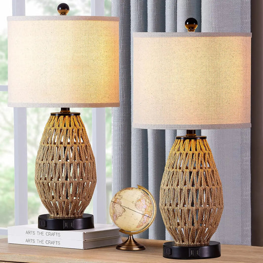 Touch Control Rattan Table Lamps, 3 Way  Bedside Lamps for Bedroom Set of 2 with 2 USB Ports and AC Outlet, Wicker