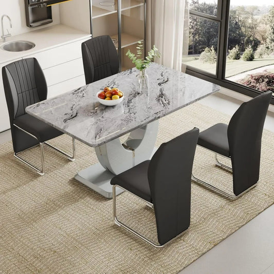 Dining Set Table and 4 Chairs,Black Faux Marble Table Chairs Set of 4,PU Leather Upholstered Chairs,63'' Large Dinner Table Set