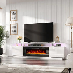 Fireplace TV Stand with 40" Fireplace, 80" Modern High Gloss Fireplace Entertainment Center LED Lights 2 Tier TV Console Cabinet