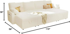 110 inch Oversize - 2 in 1 Pull Out Bed, Sectional Sleeper Sofa with Double Storage Chaise for Living Room, White Boucle Couch