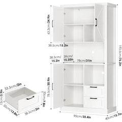 Farmhouse Kitchen Pantry Cabinet with Drawers & Shelves, Wood Storage Cabinet with Barn Doors & Microwave Stand, Cabinets