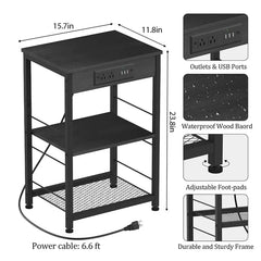 Bedside table with charging station, 3-story side table with USB port and socket, side table with living room with storage rack