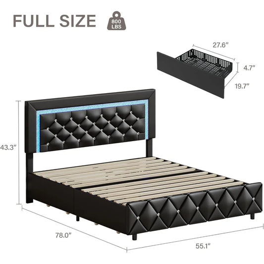 Full Size Bed Frame w LED Lights, Upholstered Bed Frame with 4 Storage Drawers,Platform Bed with Diamond Headboard and Footboard