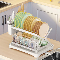 2-Tier Kitchen Counter Dish Drainer Storage Rack Collapsible Dish Bowl Rack Water Cup Organizer with 360° Retractable Drain